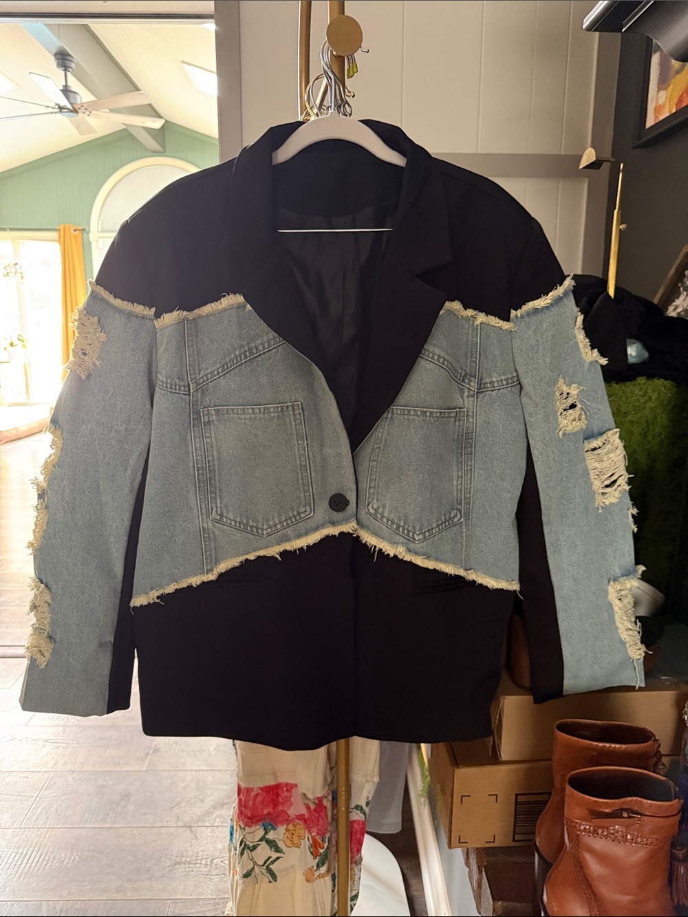 Distressed Denim-Panel Black Blazer Jacket
